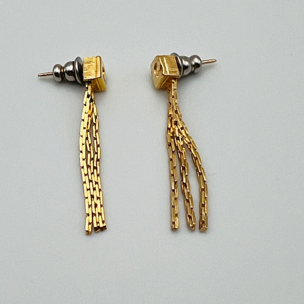 Gold Tone‎ Spiral Square Post Earrings with Multi Chain Tassel Dangle Drops